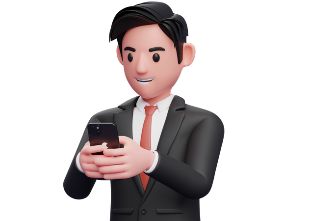 Geschäftsmann im schwarzen Anzug tippt Nachricht mit Handy  3D Illustration