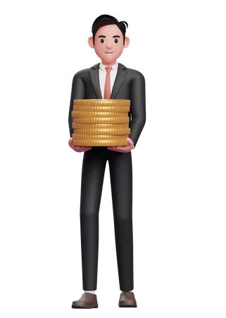 Geschäftsmann im schwarzen Anzug trägt einen Haufen Goldmünzen  3D Illustration