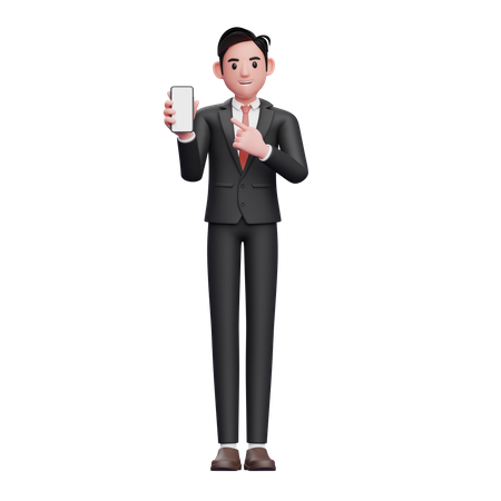 Geschäftsmann im schwarzen Anzug zeigt auf den Telefonbildschirm  3D Illustration