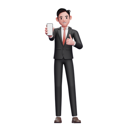 Geschäftsmann im schwarzen Anzug gibt Daumen hoch und zeigt Telefonbildschirm  3D Illustration