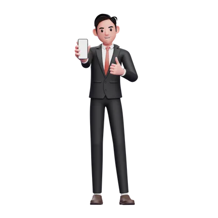 Geschäftsmann im schwarzen Anzug gibt Daumen hoch und zeigt Telefonbildschirm  3D Illustration