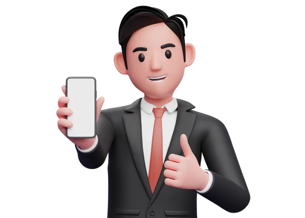 Geschäftsmann im schwarzen Anzug gibt Daumen hoch und zeigt Handy-Bildschirm in die Kamera  3D Illustration