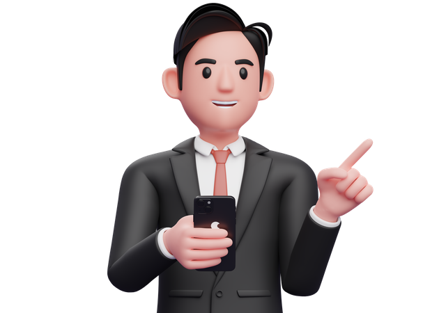 Geschäftsmann im schwarzen Anzug zeigt auf die Seite und wählt eine Geste und hält ein Telefon  3D Illustration