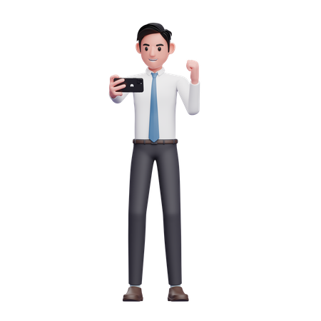 Geschäftsmann im weißen Hemd feiert, während er auf das Telefon schaut  3D Illustration