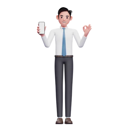 Geschäftsmann im weißen Hemd macht eine ok-Fingergeste, während er den Telefonbildschirm zeigt  3D Illustration