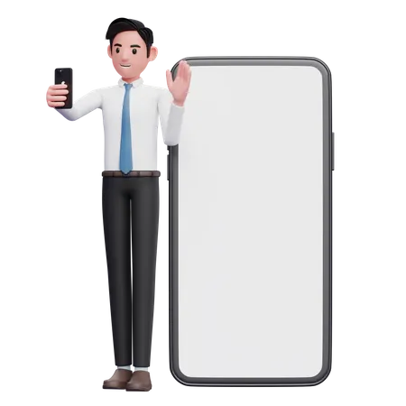 Geschäftsmann im weißen Hemd macht Videoanruf und winkt mit der Hand  3D Illustration