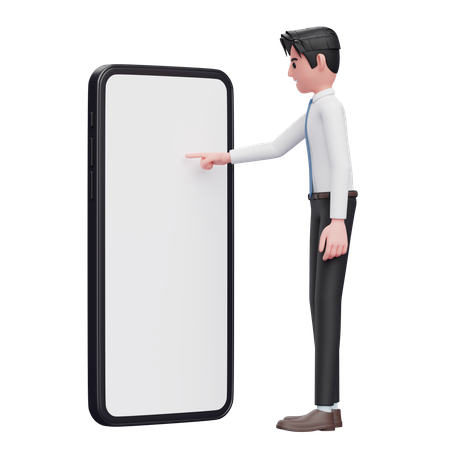 Geschäftsmann im weißen Hemd mit blauer Krawatte berührt den Bildschirm des Telefons mit dem Zeigefinger  3D Illustration