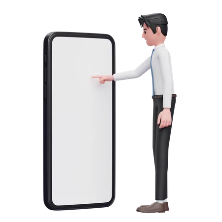 Geschäftsmann im weißen Hemd mit blauer Krawatte berührt den Bildschirm des Telefons mit dem Zeigefinger  3D Illustration