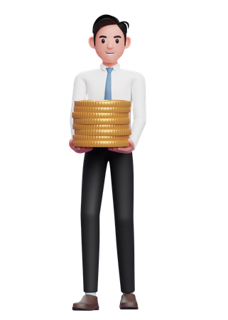 Geschäftsmann in einem weißen Hemd mit blauer Krawatte trägt einen Haufen Goldmünzen  3D Illustration