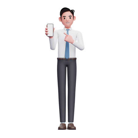 Geschäftsmann im weißen Hemd mit blauer Krawatte zeigt auf den Bildschirm des Telefons  3D Illustration