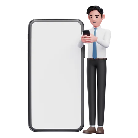 Geschäftsmann im weißen Hemd tippt Nachricht auf dem Telefon  3D Illustration