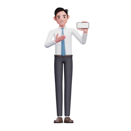 Geschäftsmann im weißen Hemd zeigt auf den Telefonbildschirm  3D Illustration