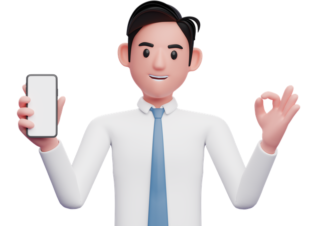 Geschäftsmann im weißen Hemd zeigt den OK-Finger und zeigt dabei den Telefonbildschirm  3D Illustration
