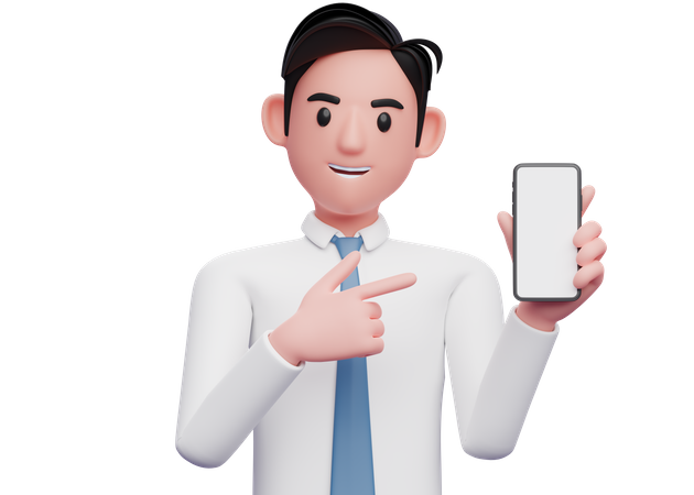 Geschäftsmann im weißen Hemd zeigt mit dem Finger auf das Mobiltelefon in der Hand  3D Illustration