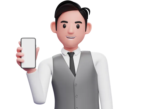 Geschäftsmann in grauer Büroweste hält Telefon, während er den Körper neigt  3D Illustration