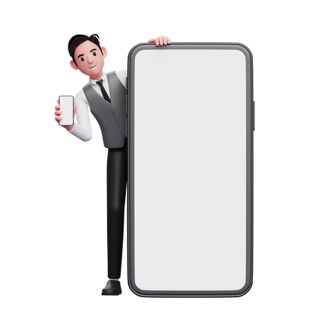 Geschäftsmann in grauer Büroweste steht hinter einem großen Mobiltelefon und zeigt den Telefonbildschirm  3D Illustration