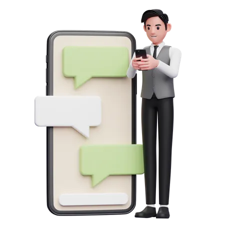 Geschäftsmann in grauer Büroweste tippt am Telefon neben einem großen Telefon mit Bubble-Chat-Ornament  3D Illustration