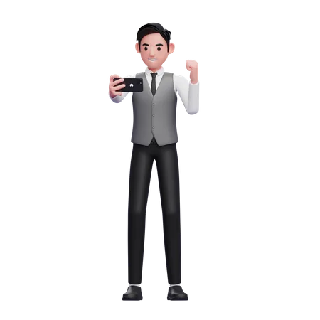 Geschäftsmann in grauer Weste feiert, während er auf den Telefonbildschirm blickt  3D Illustration