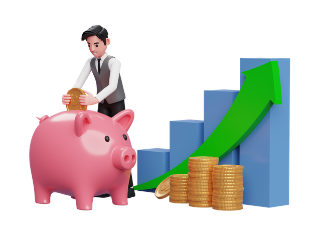 Geschäftsmann in grauer Weste spart Goldmünzen in Sparschwein mit Balkendiagramm und grünem Pfeil nach oben  3D Illustration