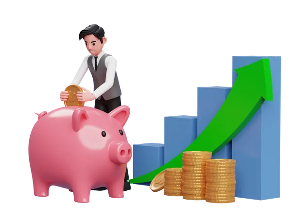 Geschäftsmann in grauer Weste spart Goldmünzen in Sparschwein mit Balkendiagramm und grünem Pfeil nach oben  3D Illustration