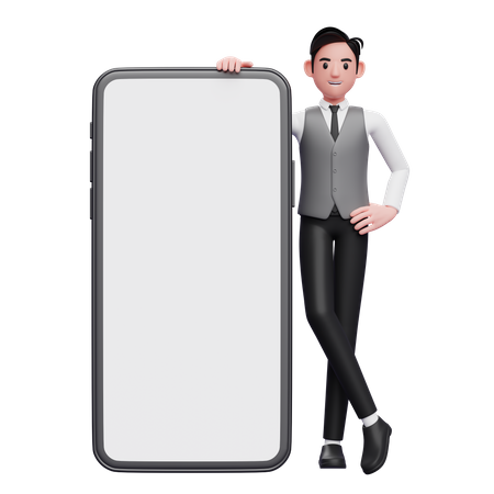 Geschäftsmann in grauer Weste steht neben einem großen Telefon mit weißem Bildschirm, die Beine übereinander gekreuzt und die Hände auf der Taille  3D Illustration