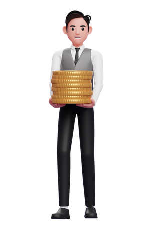 Geschäftsmann in grauer Weste trägt einen Haufen Goldmünzen  3D Illustration