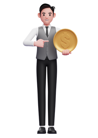 Geschäftsmann in grauer Weste zeigt Münze in der Hand  3D Illustration