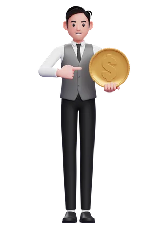 Geschäftsmann in grauer Weste zeigt Münze in der Hand  3D Illustration