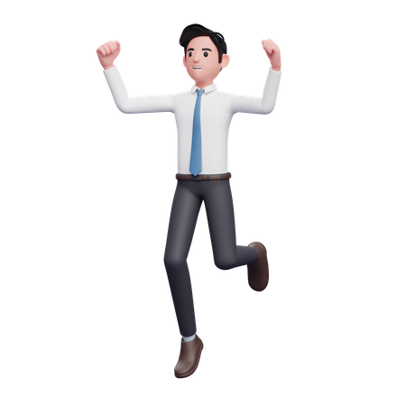 Geschäftsmann springt Pose trägt langes Hemd und blaue Krawatte  3D Illustration