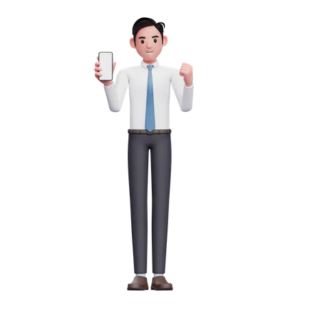Geschäftsmann in weißem Hemd und blauer Krawatte macht eine gewinnende Geste und zeigt dabei den Telefonbildschirm  3D Illustration