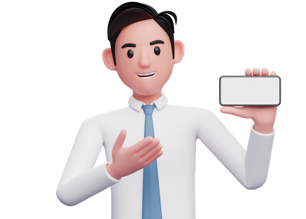 Geschäftsmann in weißem Hemd und blauer Krawatte präsentiert Querformat-Bildschirm-Telefon  3D Illustration