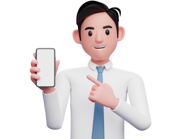Geschäftsmann in weißem Hemd und blauer Krawatte zeigt Handy in der Hand  3D Illustration