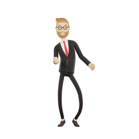 Geschäftsmann mit Brille tanzt und freut sich über den Erfolg bei der Arbeit  3D Illustration