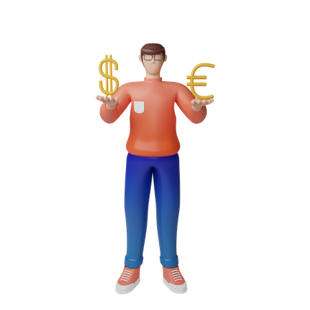 Geschäftsmann mit Dollar- und Pfund-Investitionen  3D Icon