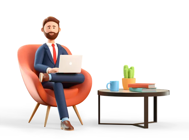 Geschäftsmann mit Laptop sitzt im Büro  3D Illustration