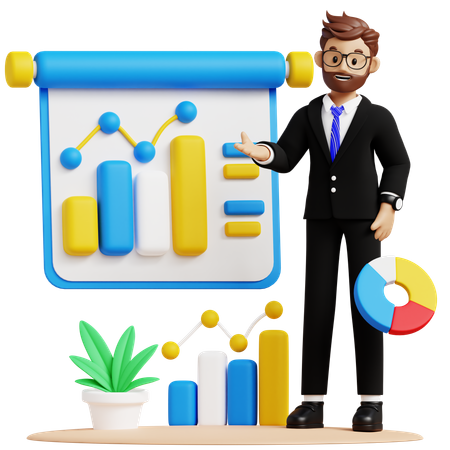 Geschäftsmann präsentiert Datenanalyse  3D Illustration