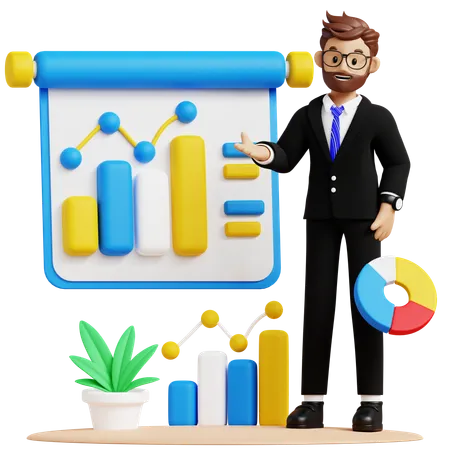 Geschäftsmann präsentiert Datenanalyse  3D Illustration