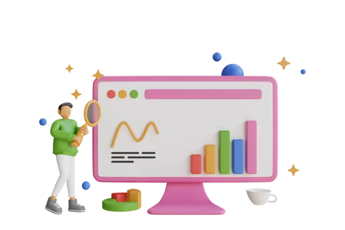 Geschäftsmann recherchiert zu Analysediagrammen  3D Illustration