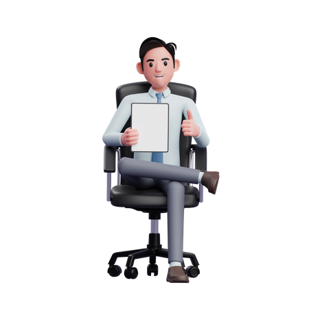 Geschäftsmann sitzt im Bürostuhl und hält ein Tablet in der Hand  3D Illustration