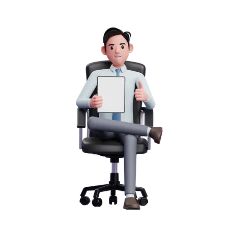 Geschäftsmann sitzt im Bürostuhl und hält ein Tablet in der Hand  3D Illustration