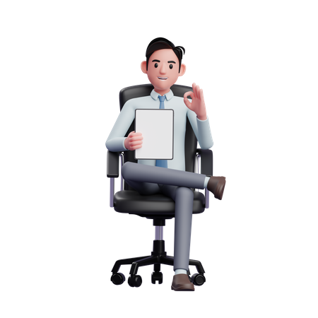 Geschäftsmann sitzt im Bürostuhl und hält ein Tablet in der Hand, während er den Finger zur Seite zeigt  3D Illustration