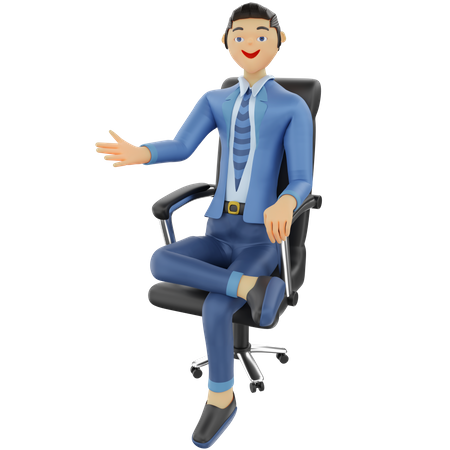 Geschäftsmann, der im Bürostuhl mit Willkommenspose sitzt  3D Illustration