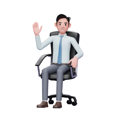 Geschäftsmann, der im Bürostuhl sitzt und mit der Hand winkt  3D Illustration