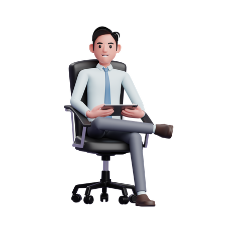 Geschäftsmann sitzt mit gekreuzten Beinen und hält Tablet  3D Illustration