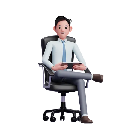 Geschäftsmann sitzt mit gekreuzten Beinen und hält Tablet  3D Illustration