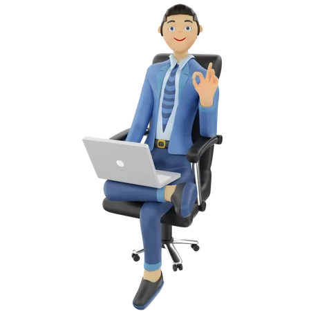 Geschäftsmann sitzt mit der Arbeit am Laptop  3D Illustration