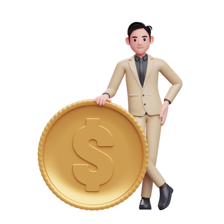 Geschäftsmann steht mit Münze  3D Illustration