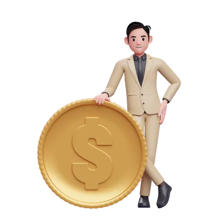Geschäftsmann steht mit Münze  3D Illustration