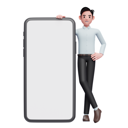 Geschäftsmann steht neben großem Telefon  3D Illustration