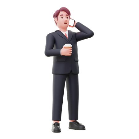 Geschäftsmann telefoniert mit dem Handy und hält dabei eine Kaffeetasse in der Hand  3D Illustration